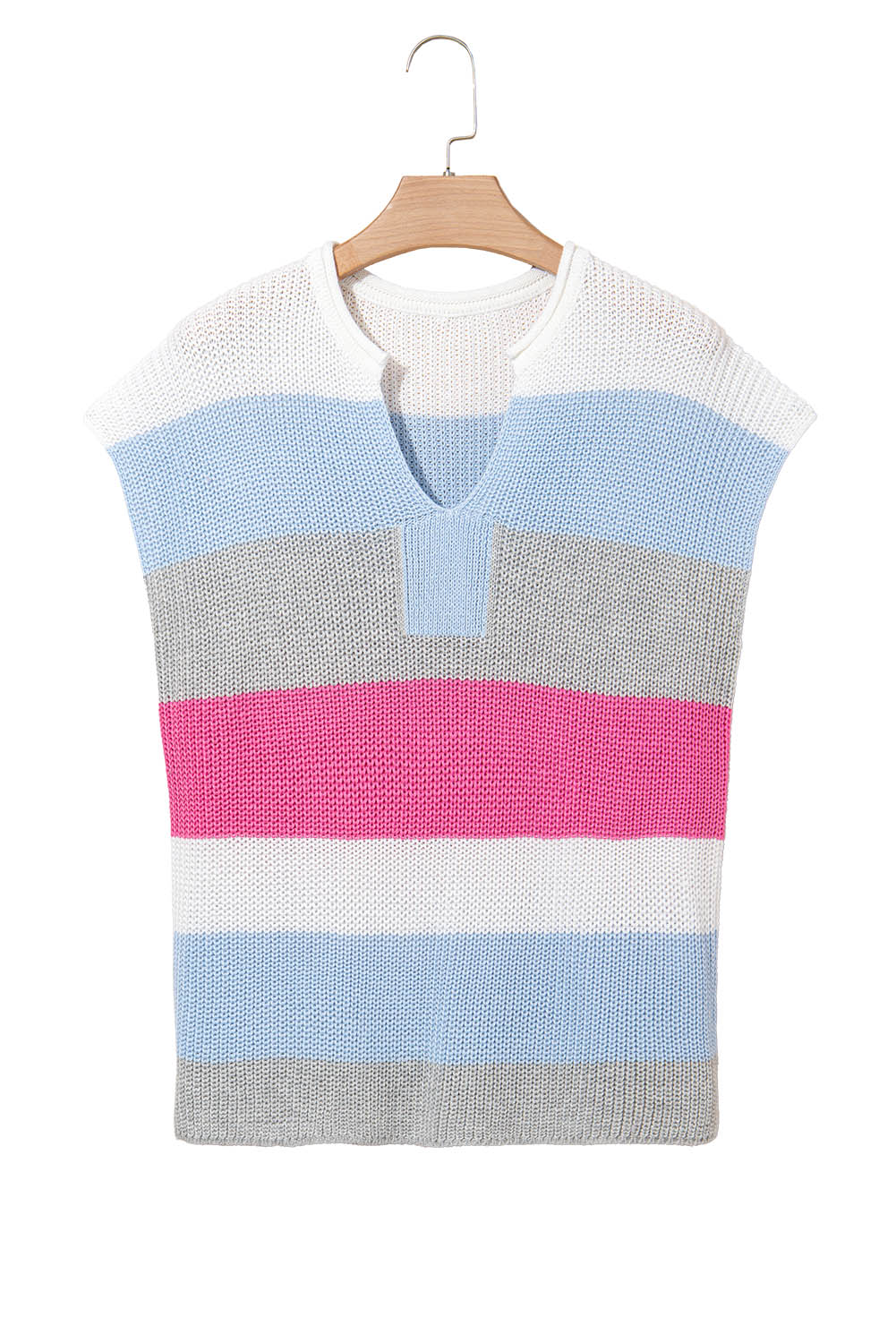 Light Blue Color Block Notch V Neck Sweater T Shirt for Women - Love Salve